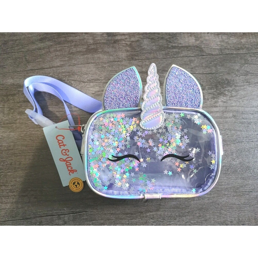 Cat & Jack  Purple Unicorn Fanny Pack Clear Starry Glitter Adjustable Belt Bag
